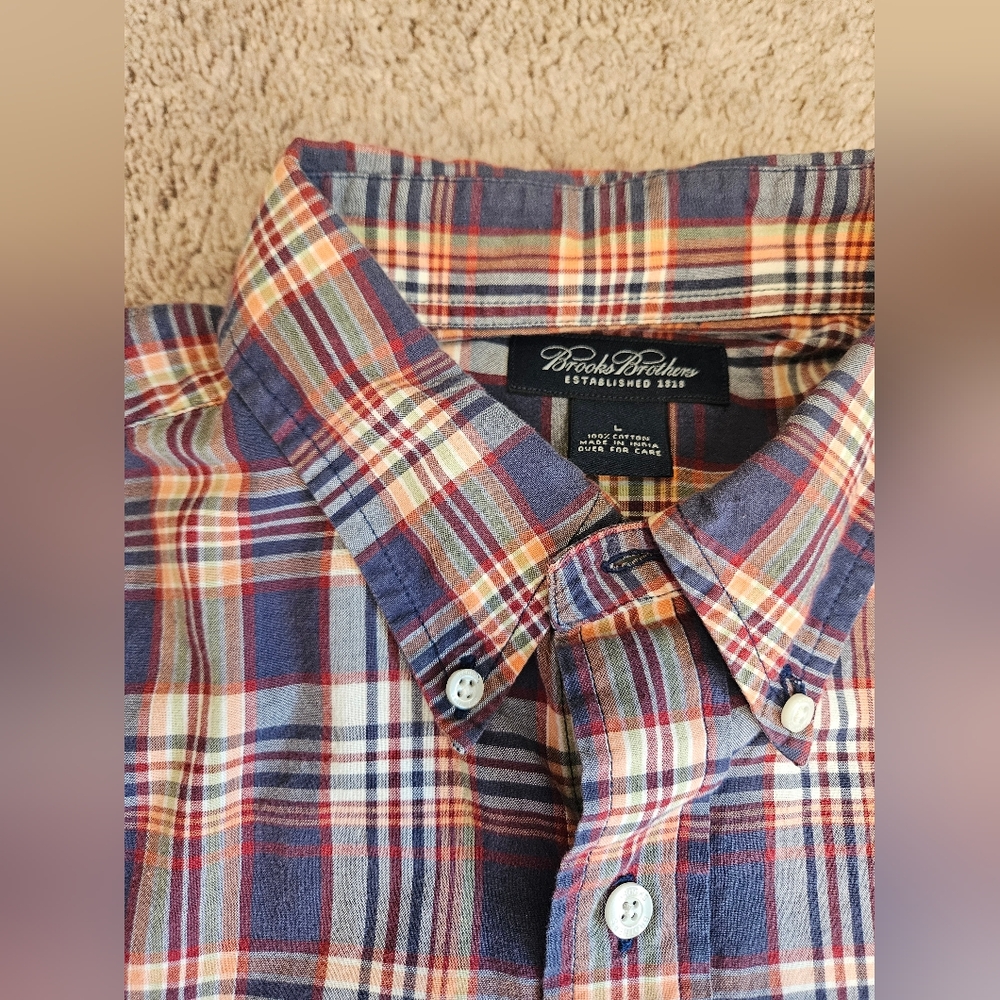 Brooks Brothers Shirt Mens L Blue Red Plaid 100% Cotton Casual Short Sleeve